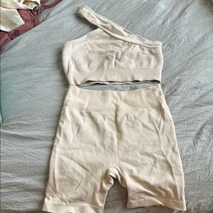 Amazon Cream Ribbed One-Shoulder Top and Shorts Set